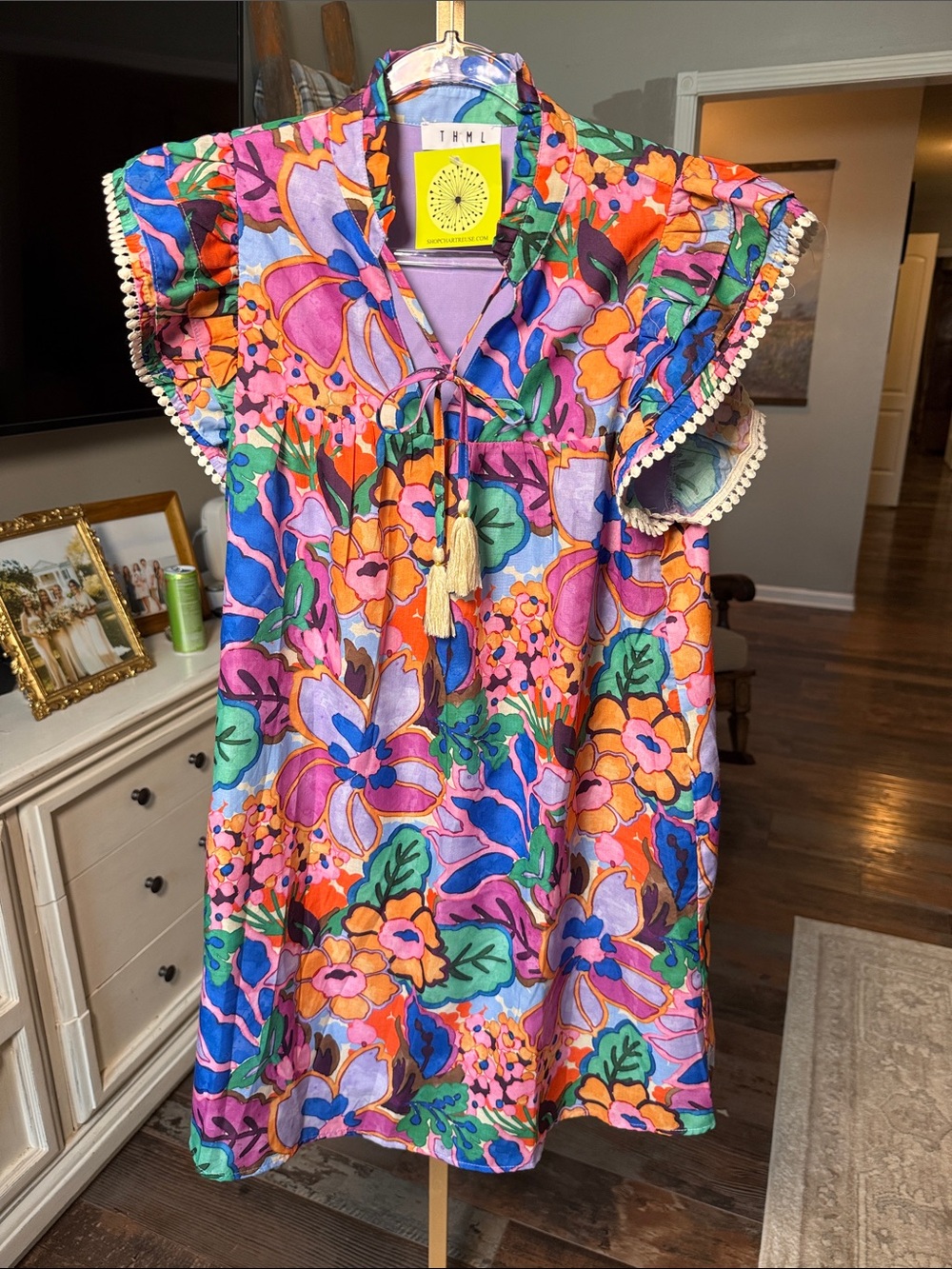 THML Bright Multi-Color Floral Dress with Tassel